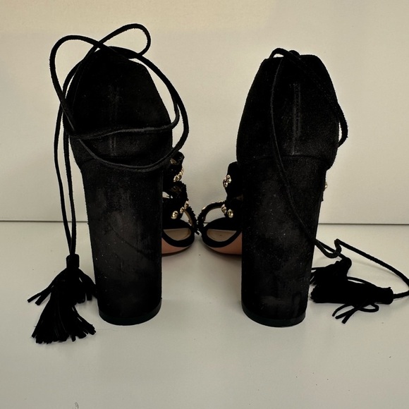 Aquazurra Block Heel Lace Up Heel 6.5 Talum black Suede Gold Studs Tulum - Picture 6 of 12
